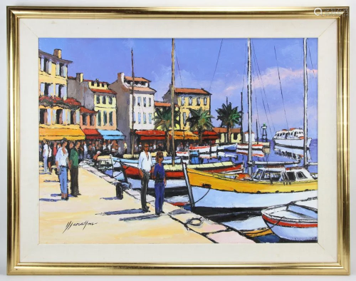 Marcaillou Signed, Boats at Dock, Oil on Canvas