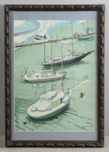 Charles E Pont, Bridgeport Sailboats, Watercolor