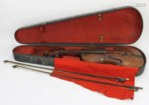 Old Violin with Two Bows, in Wood Case