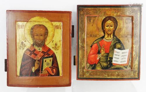 Two 19thC Wooden Icons, Christ, St Nicholas