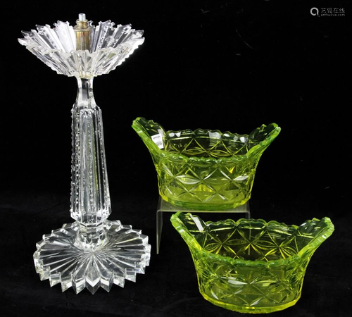 19thC Glass Base with (2) Vaseline Glass Bowls