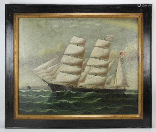 Clipper Ship with an American Flag, Oil on Canvas