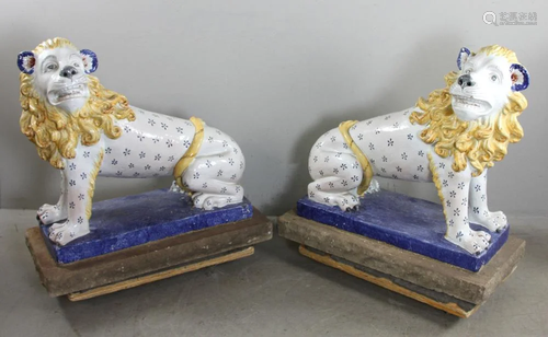 Pair of French Glazed Pottery Lions