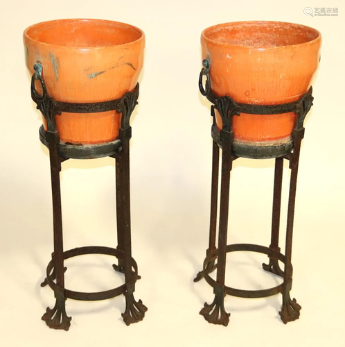 Pair of 1920s Orange Enameled Iron Planters