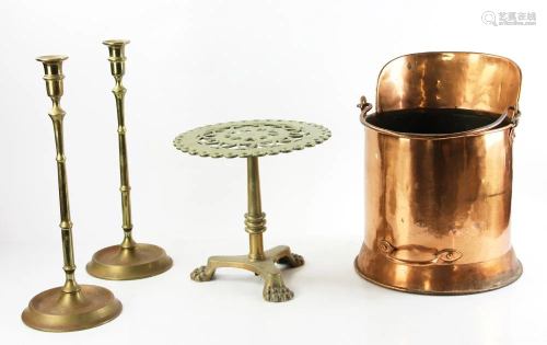 Brass Trivet, Candlesticks and Copper Coal Scuttle