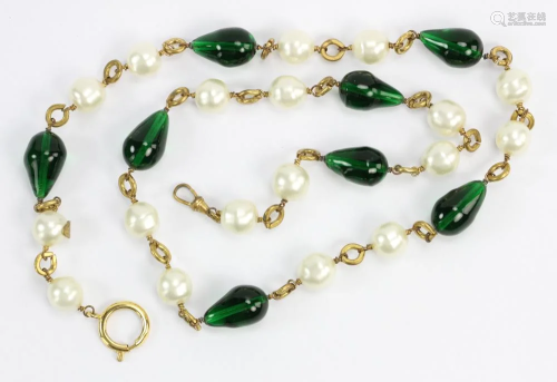 Chanel Faux Pearl and Green Glass Necklace