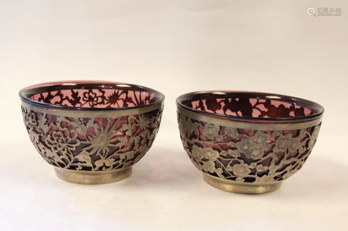 Pair of Chinese Silver&Peking Glass Bowls