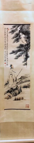 Chinese Ink Color Scroll Painting w Calligraphy