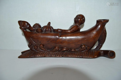 Chinese Qing Wood Carved Figuine on Boat