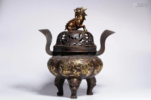 Republican Chinese Gilt Bronze Tripod Cover Censer