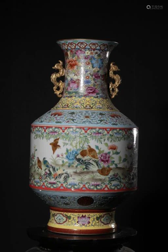 Chinese Famille Rose Porcelain Vase wCalligraphy