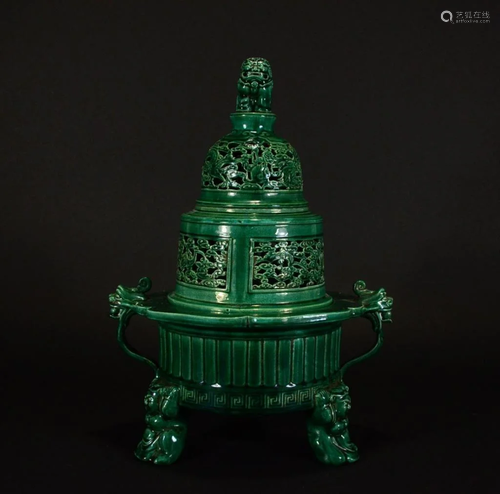 A GREEN GLAZED CENSER WITH BEAST