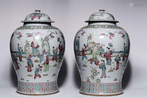 Pair of Chinese Famille Rose Porcelain Lid Jar