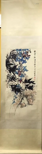 Chinese Ink Color Scroll Painting w Calligraphy