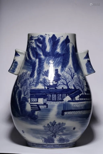 Qing Chinese Blue and White Landscape Vase