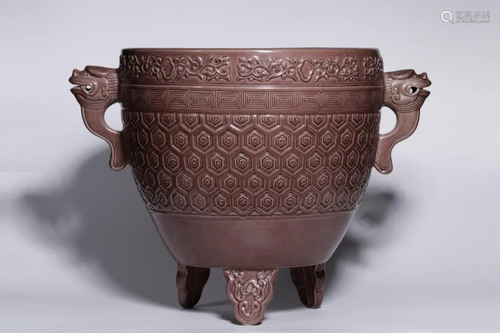 Chinese Purple Glazed Porcelain Tripod Censer