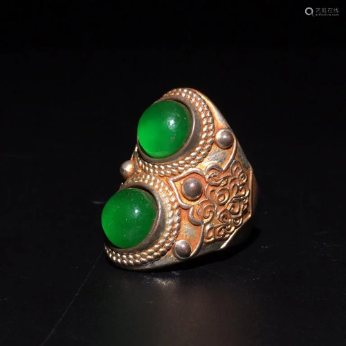 Chinese Silver Ring w 2 Green Stones