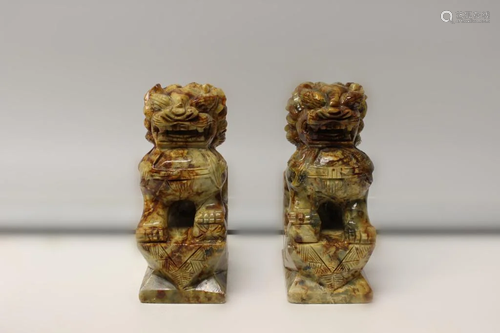 Pair of Soapstone Carved Foo Dogs