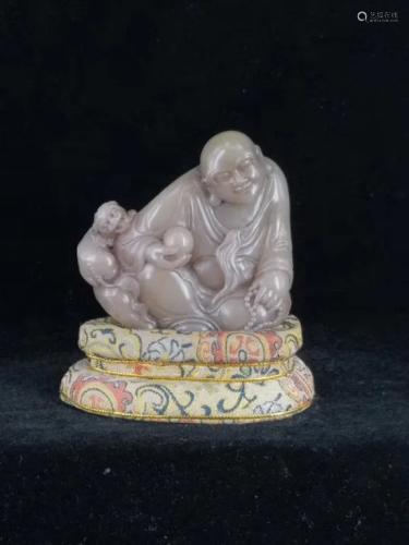 Chinese Soapstone Carved Luohan w Lions