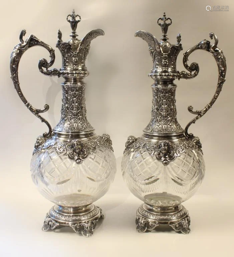 Pair of Continental Silver and Cut Crystal Ewers