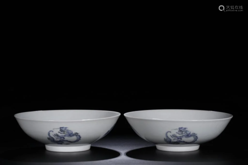 Pair of Chinese Blue and White Porcelain Bowls,Mar
