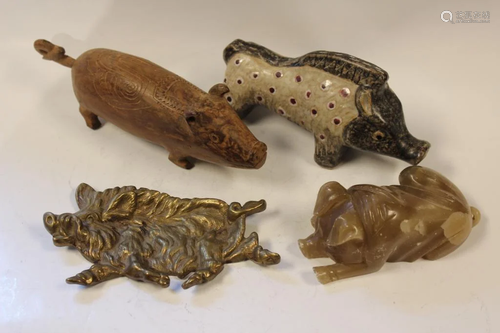 Group of Four Bronze/Agate Pig Figurines