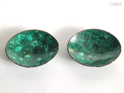 Antique Russian Malachite Pair Dishes