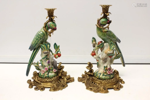 Pair of Porcelain Parrots w Bronze Mount