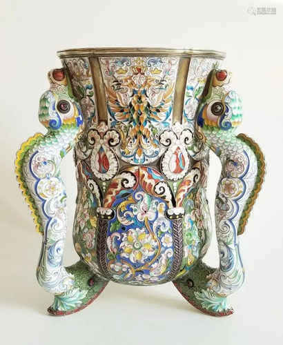 Massive Russian Silver Shaded Enamel Cup Three Han