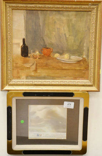 Four framed pieces to include oil on board, signed