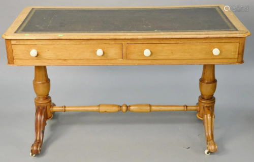 Pine leather top table with two drawers. ht. 27 1/2