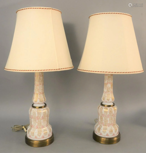 Pair of white opaline glass table lamps having gold