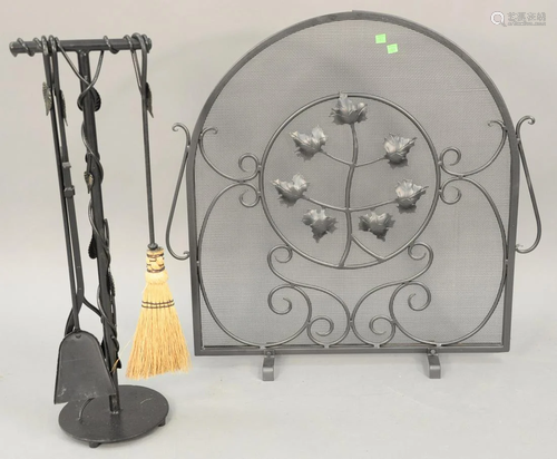 Iron contemporary fire screen with tools. ht. 32 in.,