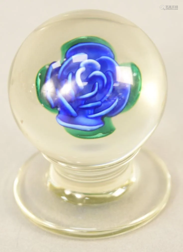 Millville blue rose glass paperweight on pedestal base.