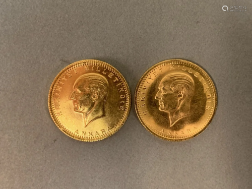 Two Turkish gold coins, 1923, 14.5 grams