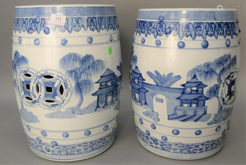 Pair of blue and white Chinese garden seats, landsc…