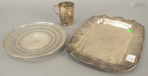 Three piece sterling silver lot, square tray, round