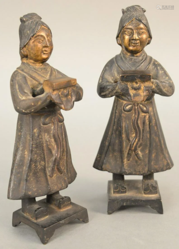 Pair of bronze Chinese figures standing on square b…