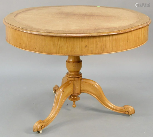 Drum table with leather top. ht. 29 1/2 in., dia. 42