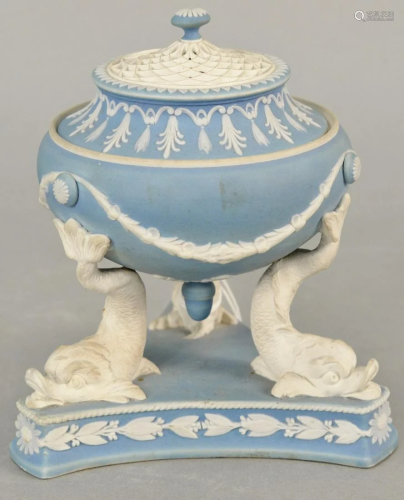 Wedgwood pale blue Jasper tripod urn with pierced