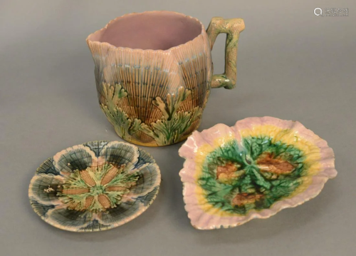 Three Majolica pieces to include large pitcher, leaf