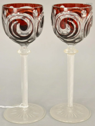 Pair of ruby cut to clear stem glasses with air t…