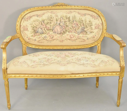 Louis XVI style loveseat with tapestry upholstery. ht.