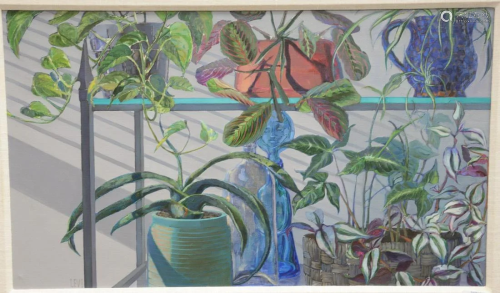 Levi, oil on canvas, still life of plants on a shelf