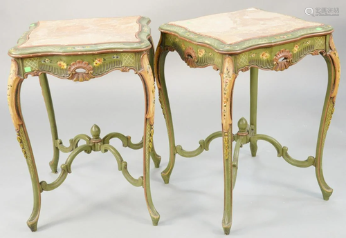 Pair of paint decorated tables each with inset marble