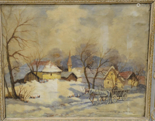 Framed oil on canvas Bela Nemeth (1880), snow la…