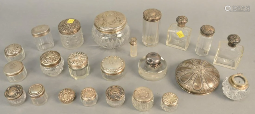 Large group of sterling silver topped jars, bottles,