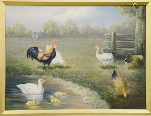 Contemporary oil on canvas of roosters by ponds …