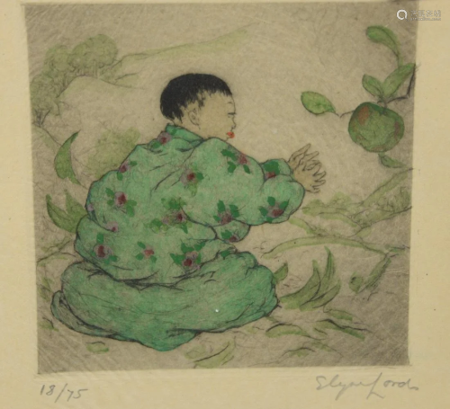 Elyse Lord (1900 - 1977), etching, picking green apple,