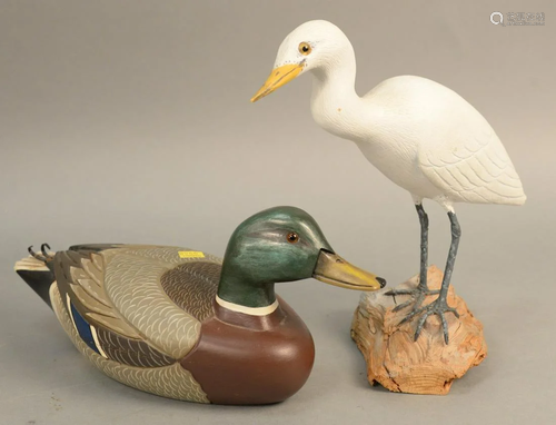 Two piece lot to include carved Egret decoy signed on